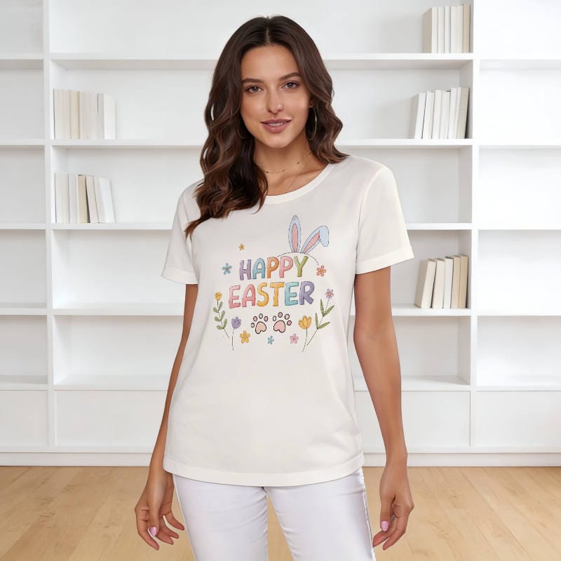 Happy Easter Bunny Floral T-Shirt for Women Easter Gift