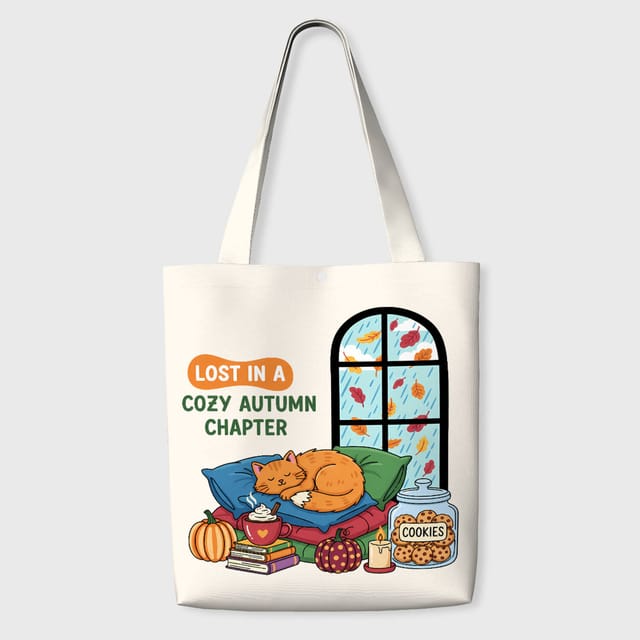 Cozy Autumn Cat Canvas Tote Bag for Pet Lovers Fall Daily Use