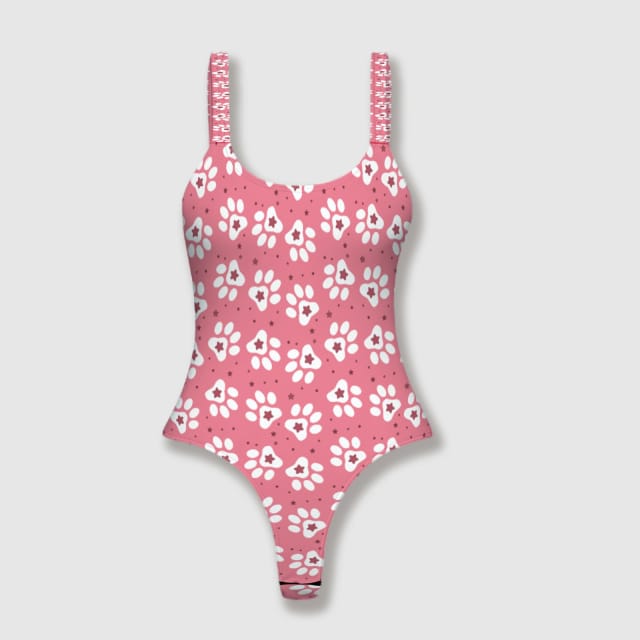 Pink Paw Print Thong One-Piece Swimsuit for Pet Lovers