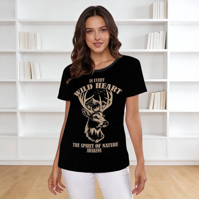 Deer Wild Heart Print T-Shirt for Nature Lovers Daily Wear