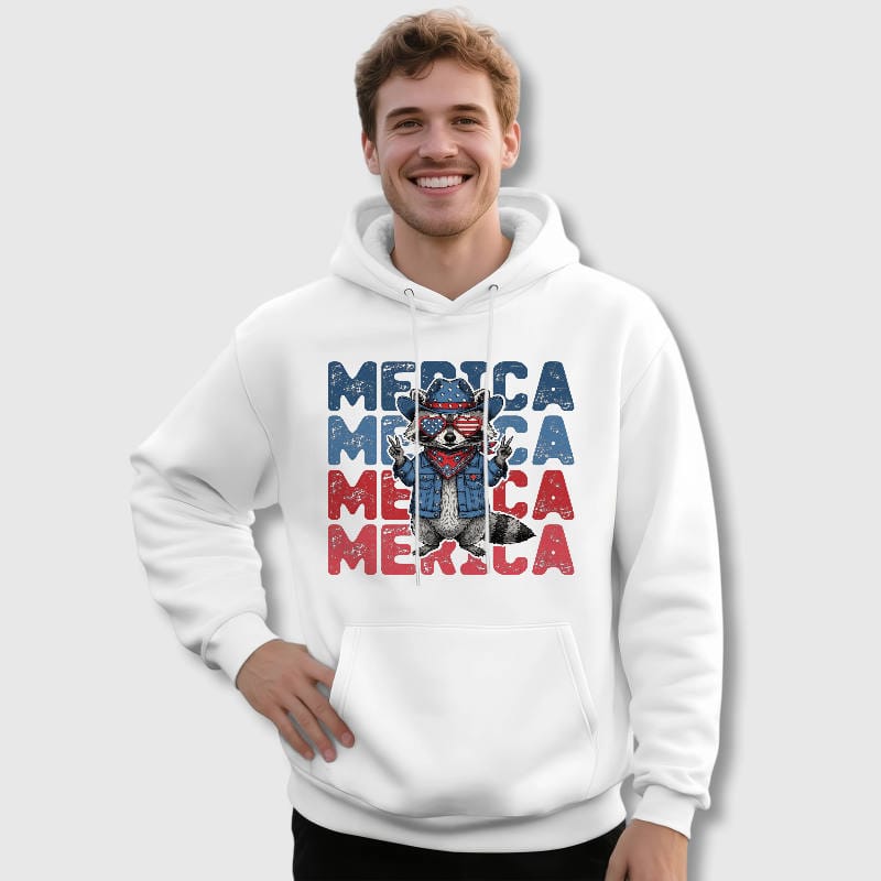 Patriotic Raccoon Merica Pullover Hoodie for 4th of July Gifts