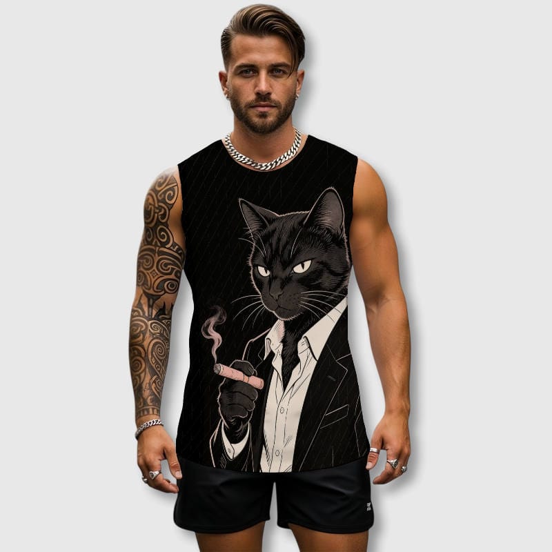 Smoking Gangster Black Cat Tank Vest for Men Gym Daily Gifts - 1