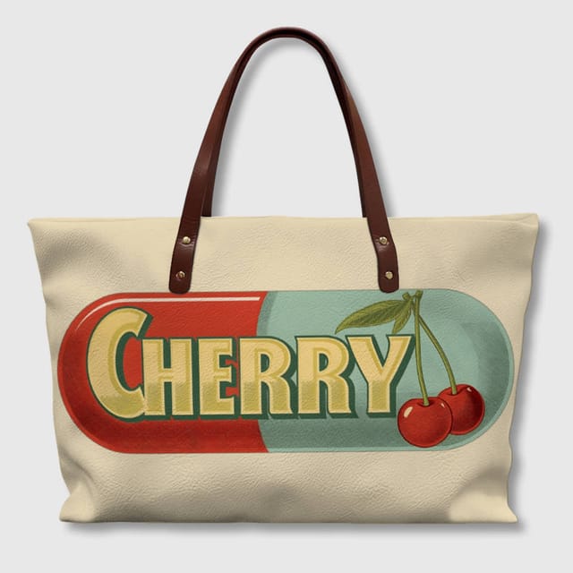 Retro Cherry Print PU Leather Tote Bag for Women Daily Use