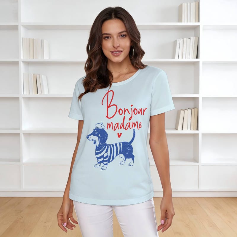 Bonjour Dachshund Print Women's T-Shirt for Pet Lovers Daily Wear