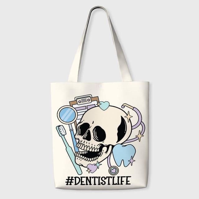 Dentist Life Skull Print Tote Bag for Dentist Daily Use & Gift