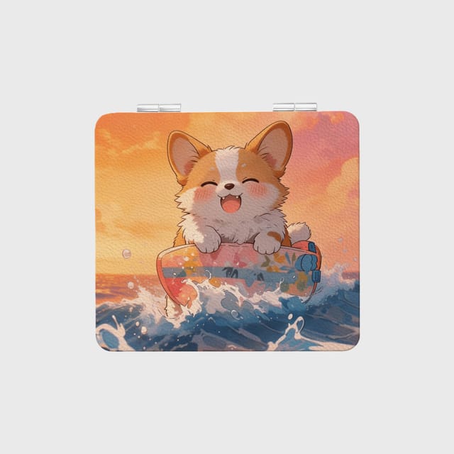 Cute Surfing Corgi Pocket Makeup Mirror for Pet Lovers Summer Gift