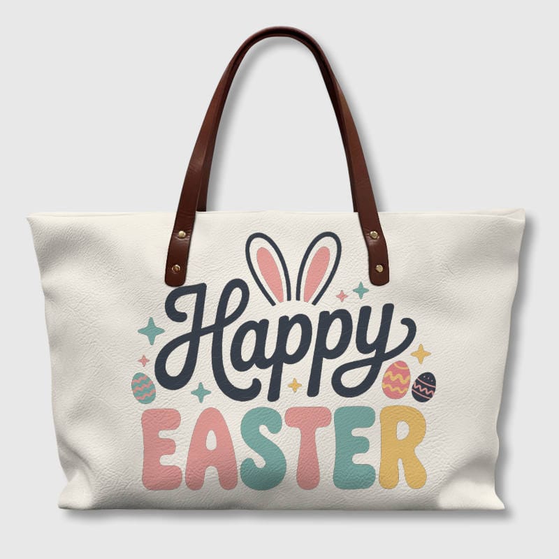 Happy Easter Bunny Print PU Leather Tote Bag for Women Easter Gift