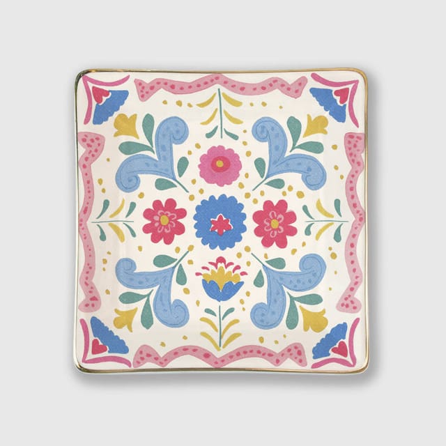 Folk Floral Square Ceramic Trinket Tray for Her Birthday Gift