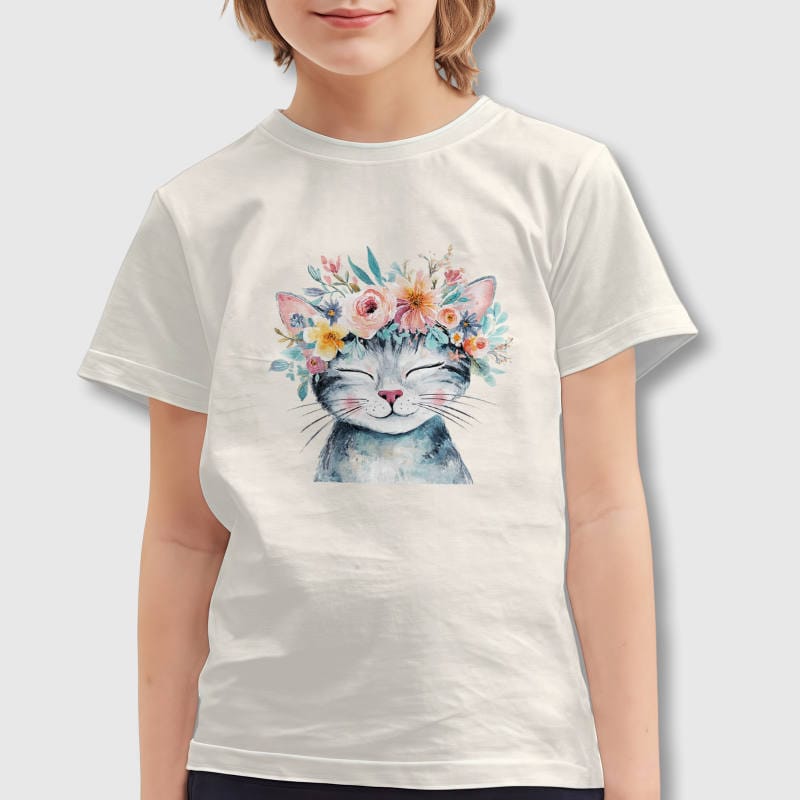 Floral Watercolor Cat Kids T-Shirt for Boys Girls Gift