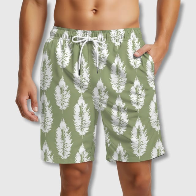 Sage Feather Print Swim Trunks for Men Summer Beach Wear