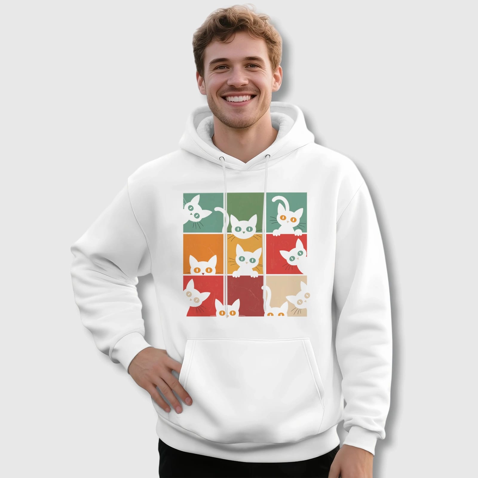 Retro Cat Print Pullover Hoodie for Cat Lovers Daily Use
