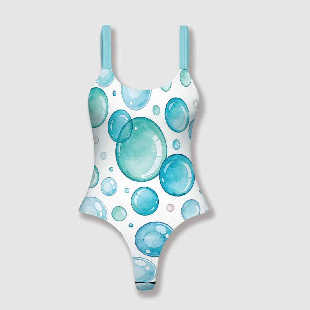 Watercolor Blue Bubbles Thong One Piece Swimsuit for Women Beach - 1