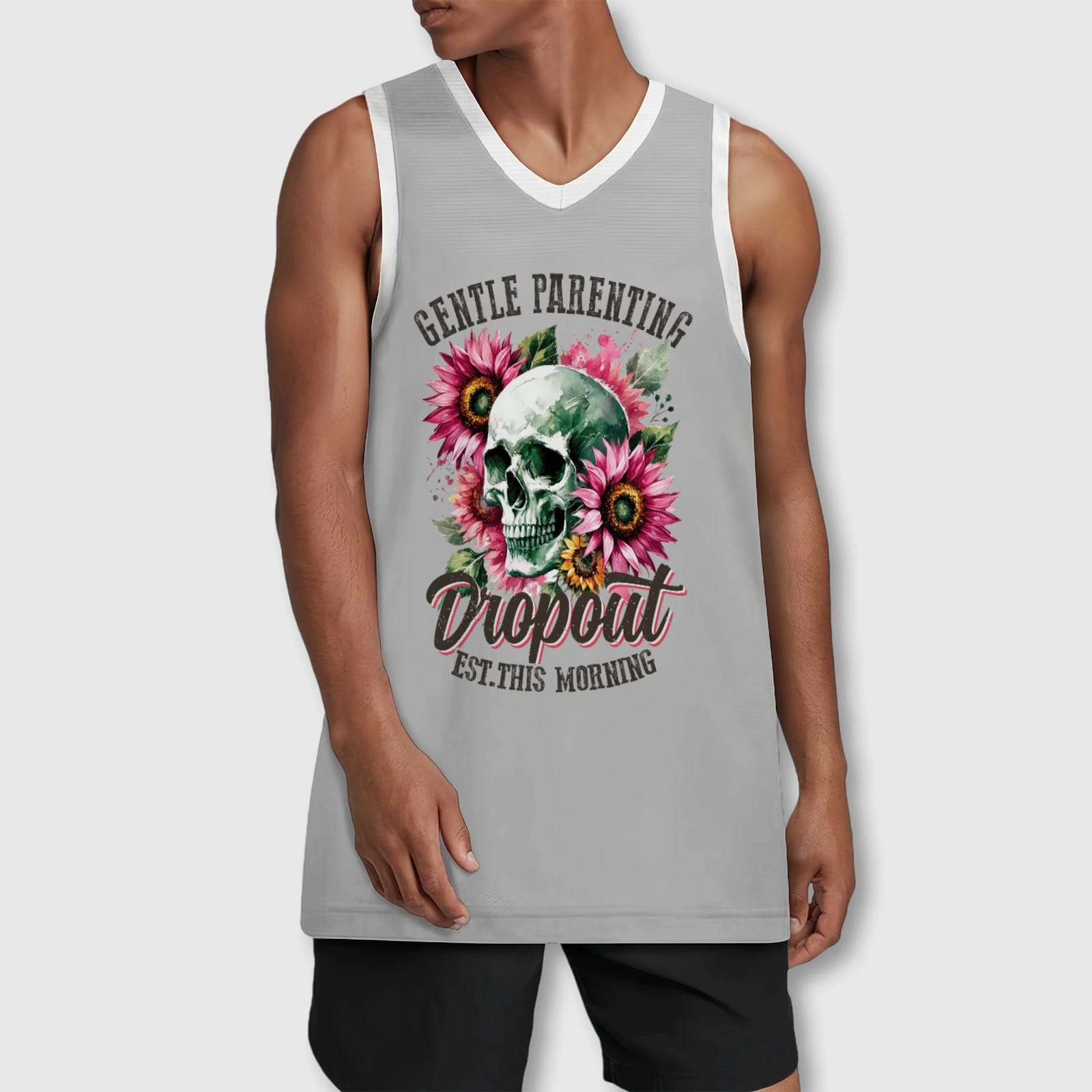 Pink Floral Skull Basketball Jersey for Dads Funny Parent Gift