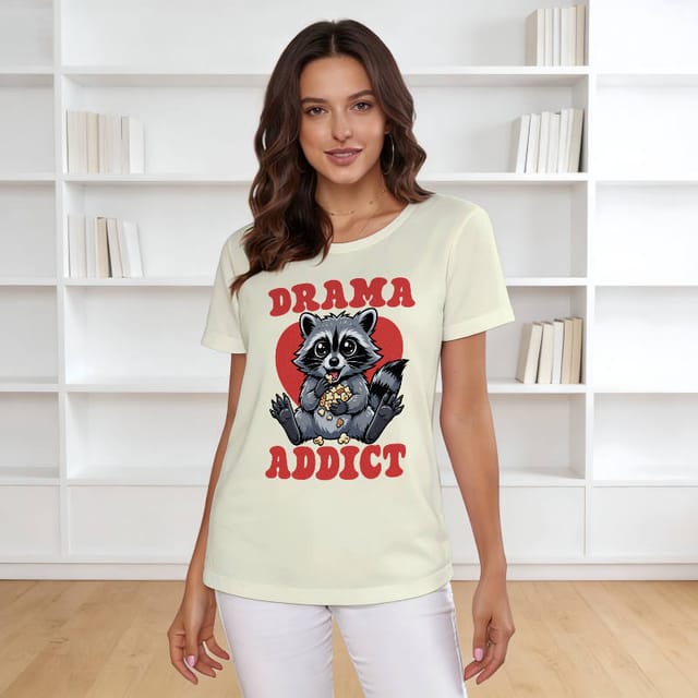 Cream Raccoon Drama Addict T-Shirt for Women Casual Wear