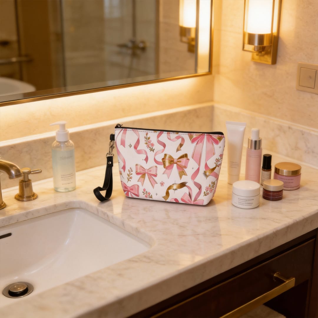 Pink Bow PU Cosmetic Pouch - Ideal Gift for Her - 1