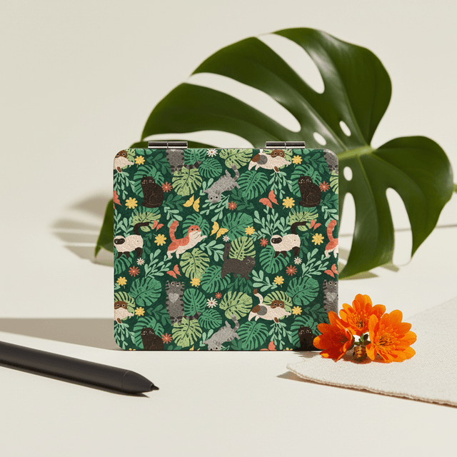 Tropical Cat Pocket Mirror - PU Square Compact Mirror, Gift for Cat Lovers