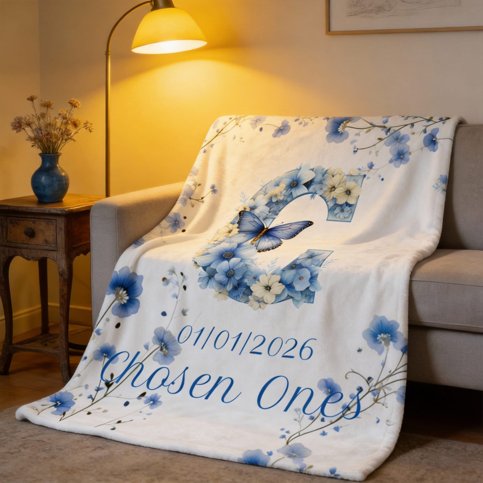 Personalized Floral Monogram Butterfly Blanket - Custom Date & Name Gift for Sofa, Bed, Home Decor