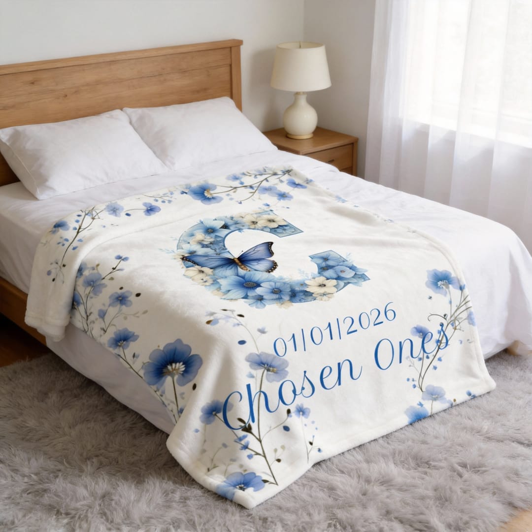 Personalized Floral Monogram Butterfly Blanket - Custom Date & Name Gift for Sofa, Bed, Home Decor - 1