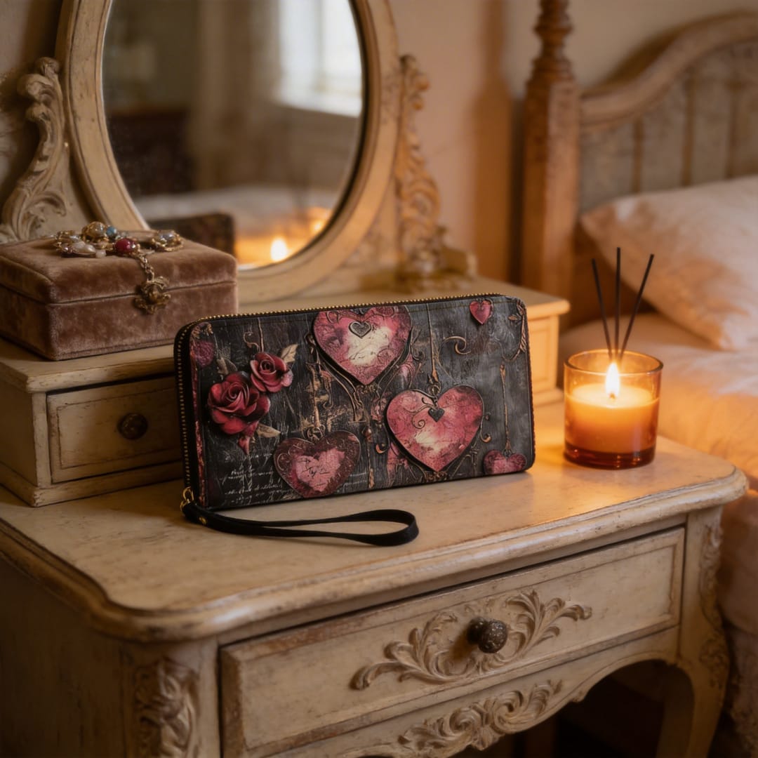 Personalized Vintage Heart & Rose Zip Wallet - 1