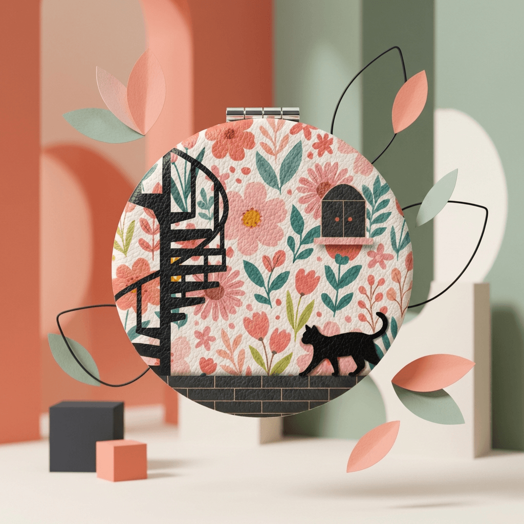 Floral Cat Pocket Makeup Mirror - PU Compact Mirror (Round/Heart/Square) | Gift for Cat Lovers - 1