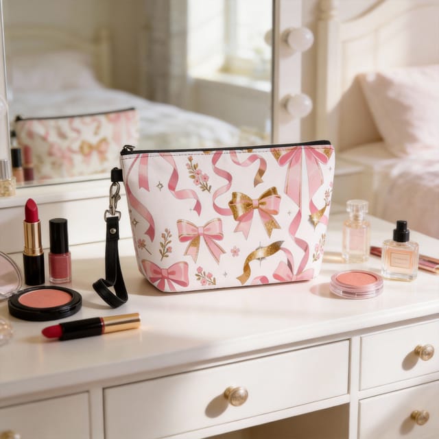 Pink Bow PU Cosmetic Pouch - Ideal Gift for Her