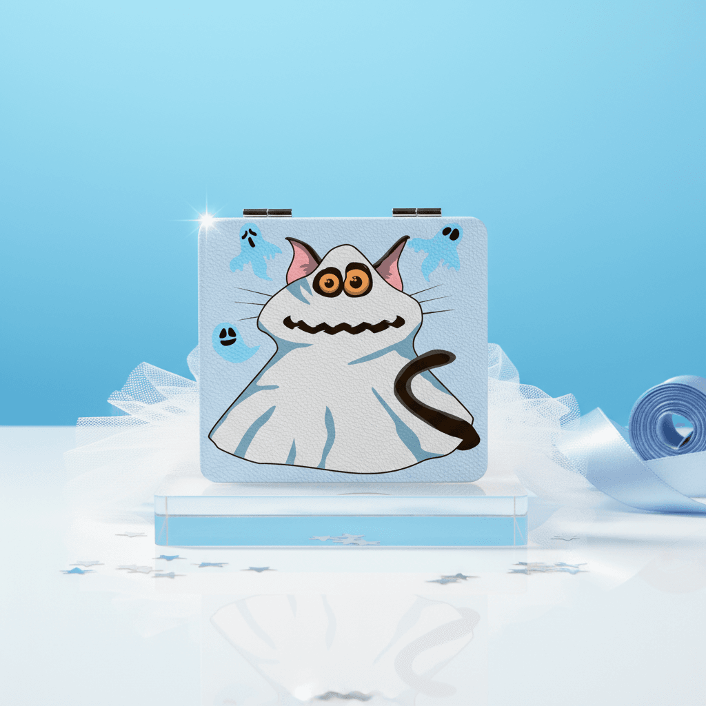 Ghost Cat Portable Pocket Makeup Mirror - Halloween Gift for Cat Lovers