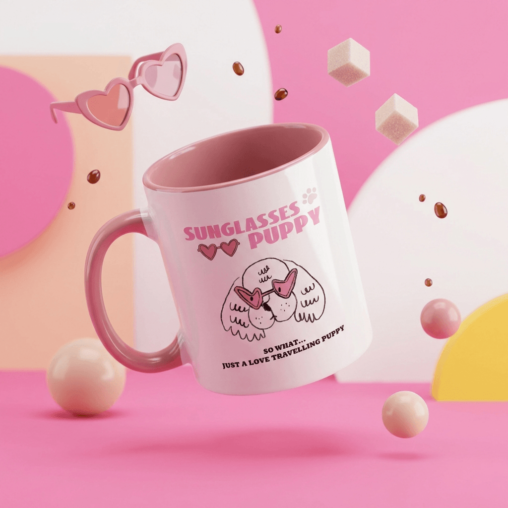 Pink 11oz Sunglasses Puppy Travel Mug - Photo & Text Coffee Cup, Perfect Gift for Pet & Travel Lovers - 1