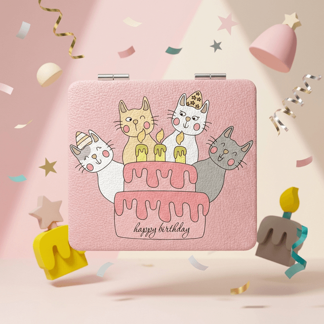Birthday Cat Portable Pocket Makeup Mirror - Square Compact Gift for Cat Lovers
