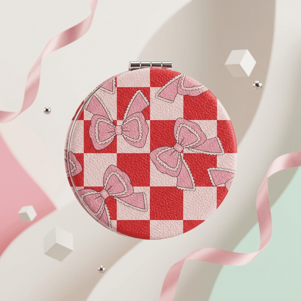 Pink Bow Checkered Round Pocket Makeup Mirror for Women Birthday & Bachelorette Gifts