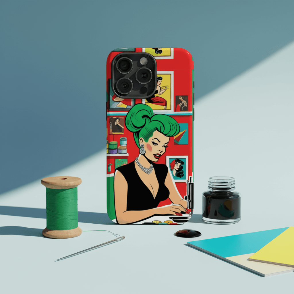 Retro Pop Art Pinup Sewing Themed Magnetic Phone Case for Vintage Art Lovers Gift