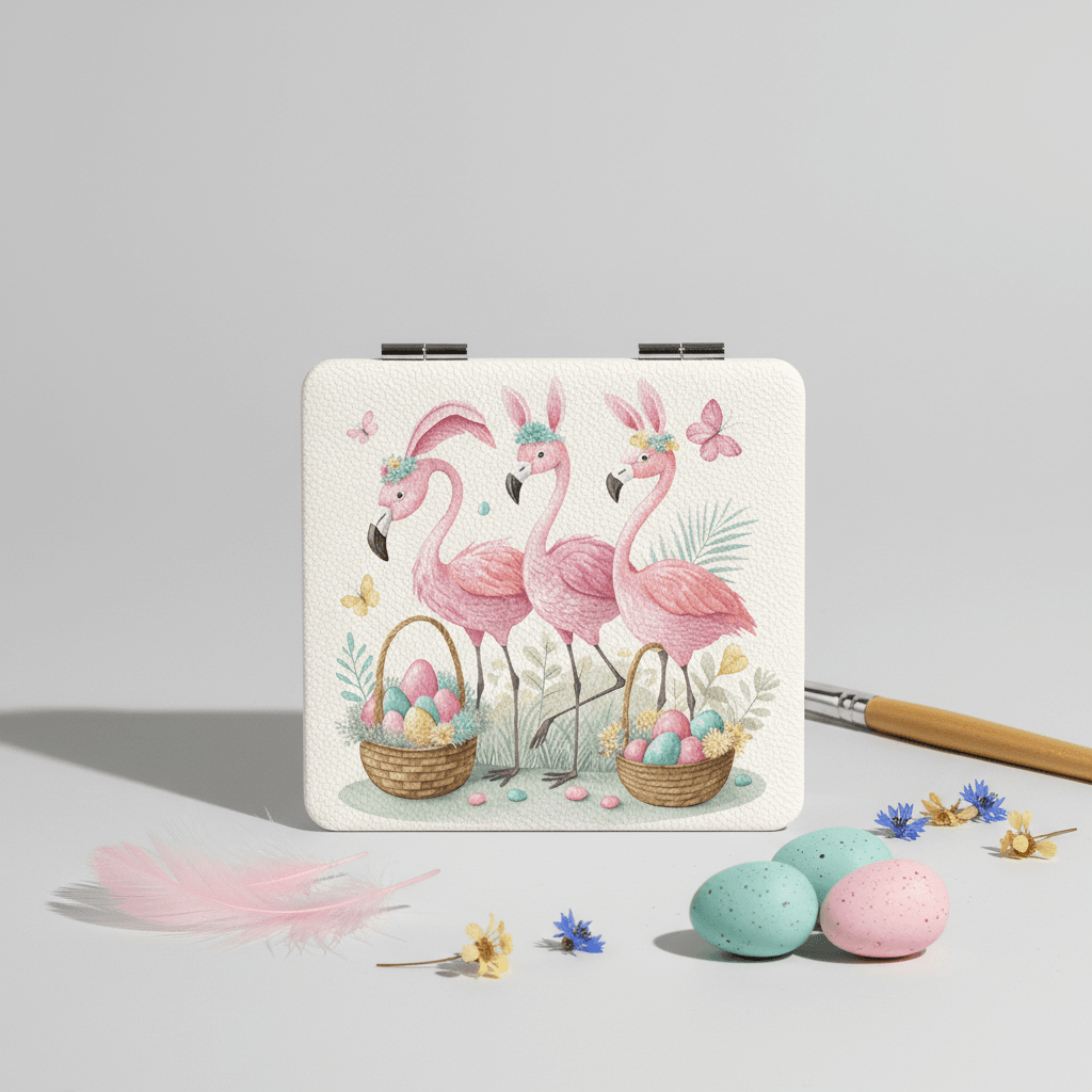Cute Easter Flamingo Square Pocket Makeup Mirror Perfect Gift for Girls & Women - 1