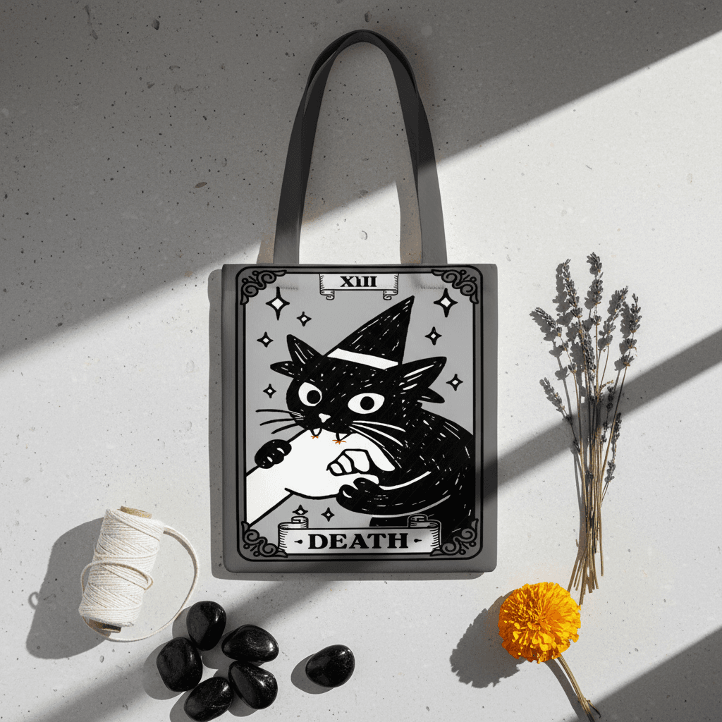 Death Tarot Black Cat Canvas Tote Bag for Witchy Cat Lovers Birthday & Halloween Gifts