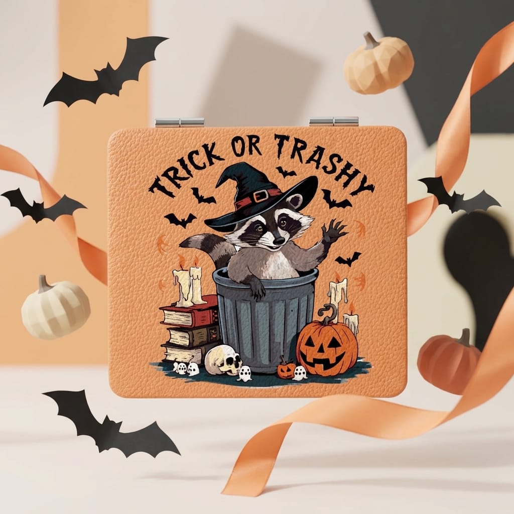 Trick or Trashy Raccoon Square Pocket Makeup Mirror | Cute Halloween Gift for Women