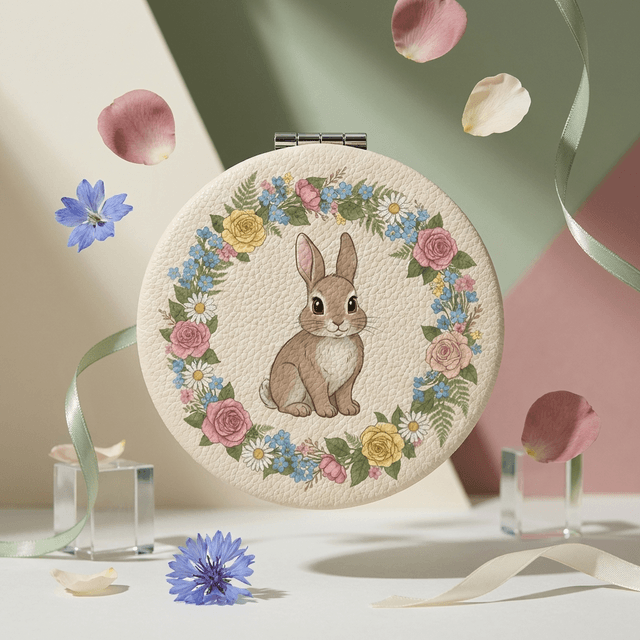 Floral Bunny Round Pocket Makeup Mirror Cute Gift for Women Easter Birthday Bridesmaid