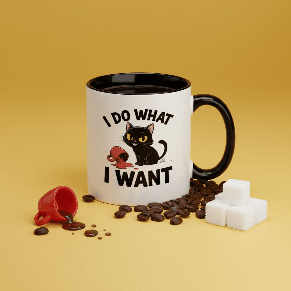 'I Do What I Want' Black Cat Accent Mug - 11oz Coffee Cup, Funny Gift for Cat Lovers - 1