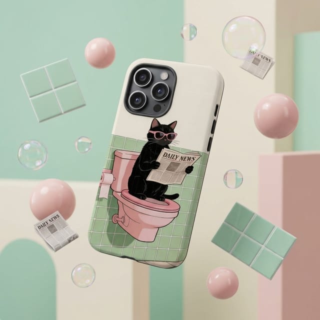 Funny Black Cat Toilet Scene Magnetic Phone Case Cute Gift for Cat Owners & Lovers