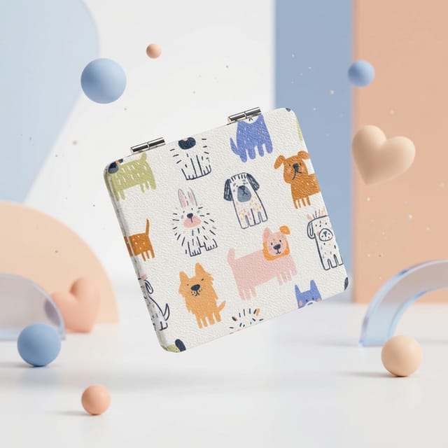 Cute Illustrated Dog Print Square Pocket Makeup Mirror for Gifting, Birthdays & Daily Use