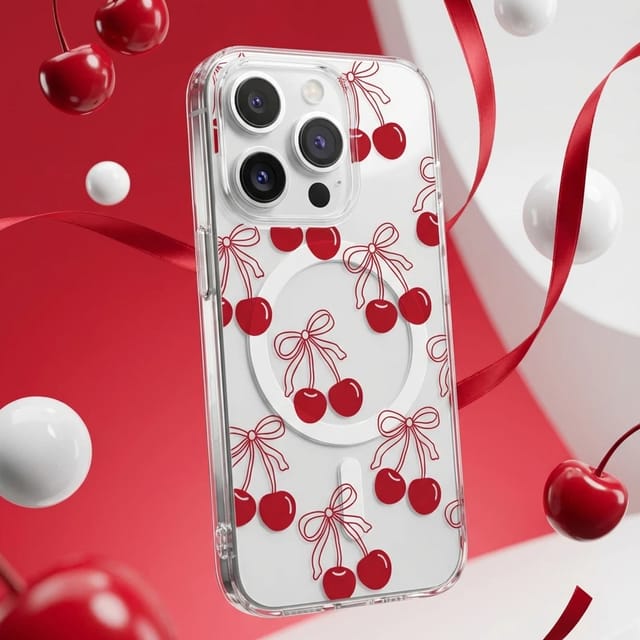 Cherry Bow MagSafe Clear iPhone Case | Gift for iPhone 15/16/17 Pro/Pro Max