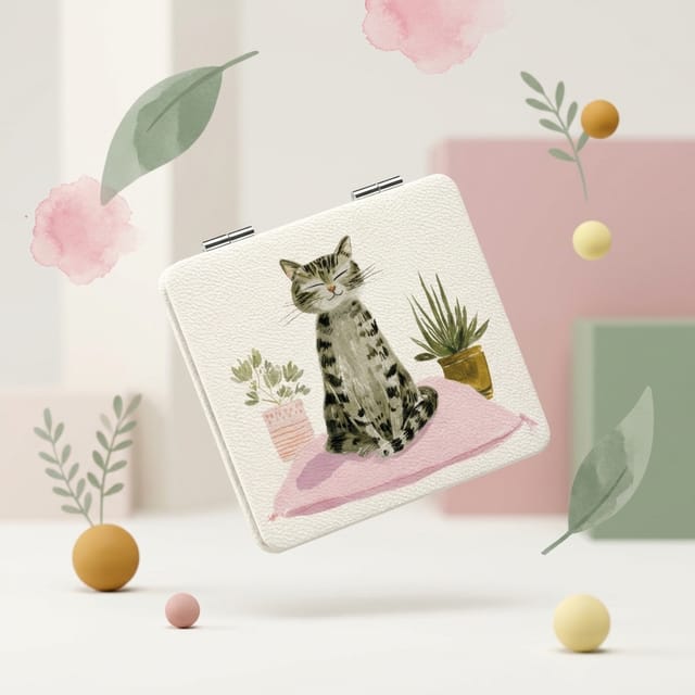 Cute Meditating Cat Square Pocket Makeup Mirror for Cat Lovers Birthday Holiday Gifts