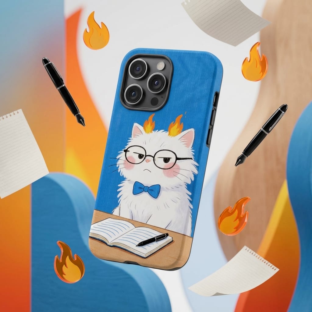 Funny Angry Study Cat Magnetic Phone Case Cute Gift for Students Back to School