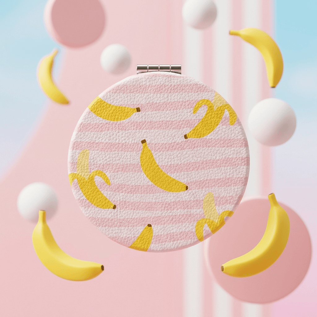 Cute Banana Pink Striped Round Pocket Makeup Mirror, Travel Friendly Gift for Women - 1