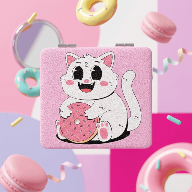Cute Donut Cat Square Pocket Makeup Mirror Perfect Birthday Gift for Women Teen Girls