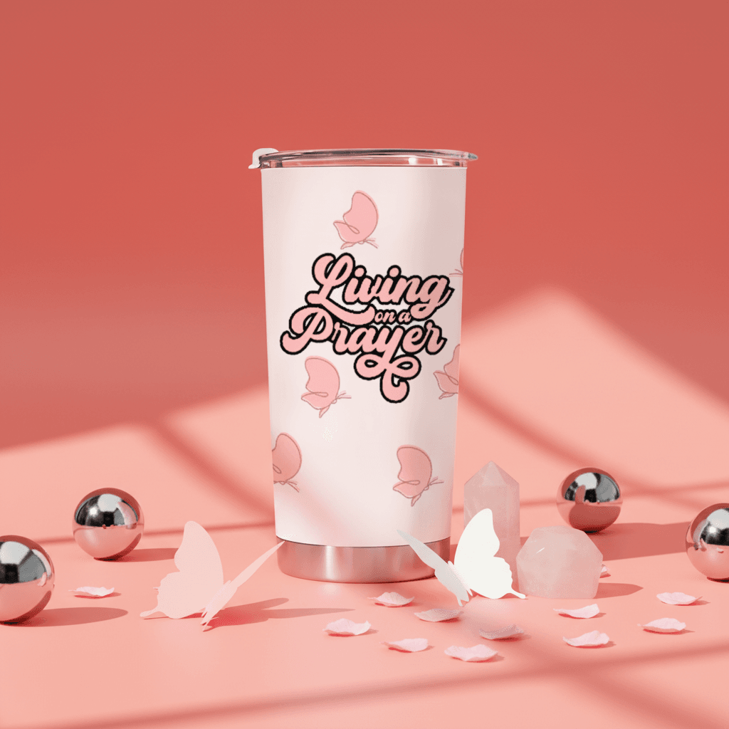 Living on a Prayer Pink Butterfly Stainless Steel Tumbler | Inspirational Gift for Women