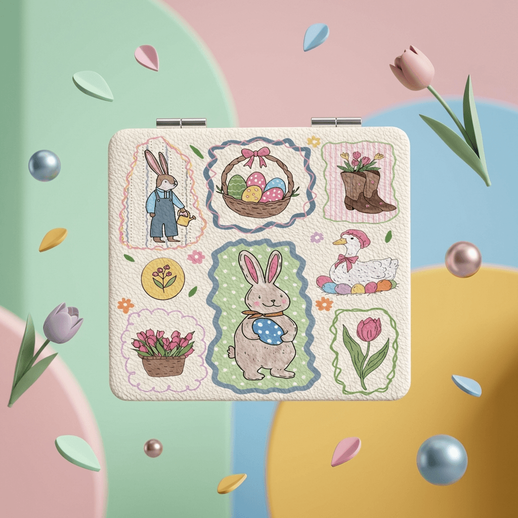 Cute Spring Easter Bunny Square Portable Pocket Makeup Mirror for Gifts & Everyday Travel Use