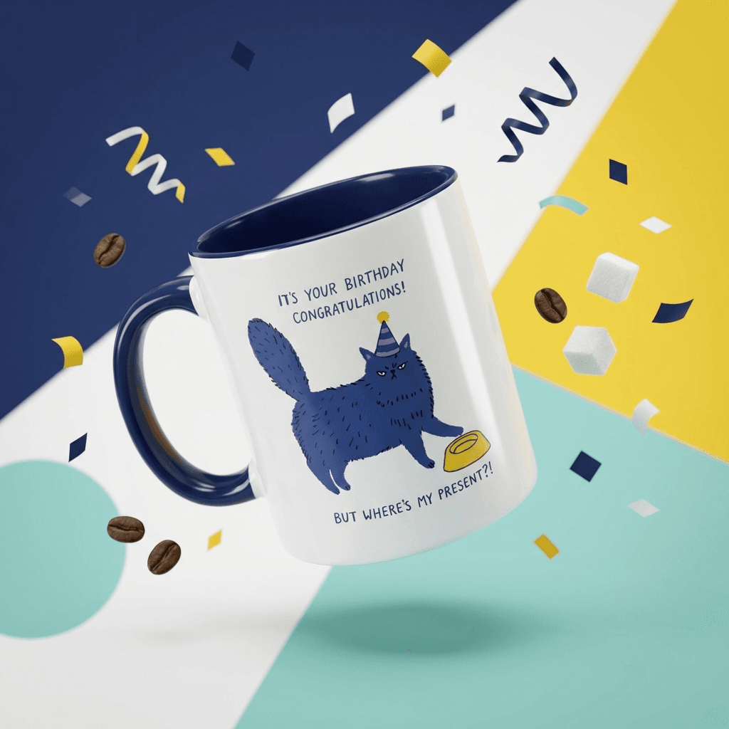 Grumpy Cat Birthday Custom Mug - 11oz Blue Accent Ceramic Cup, Custom Photo/Text Gift for Cat Lovers