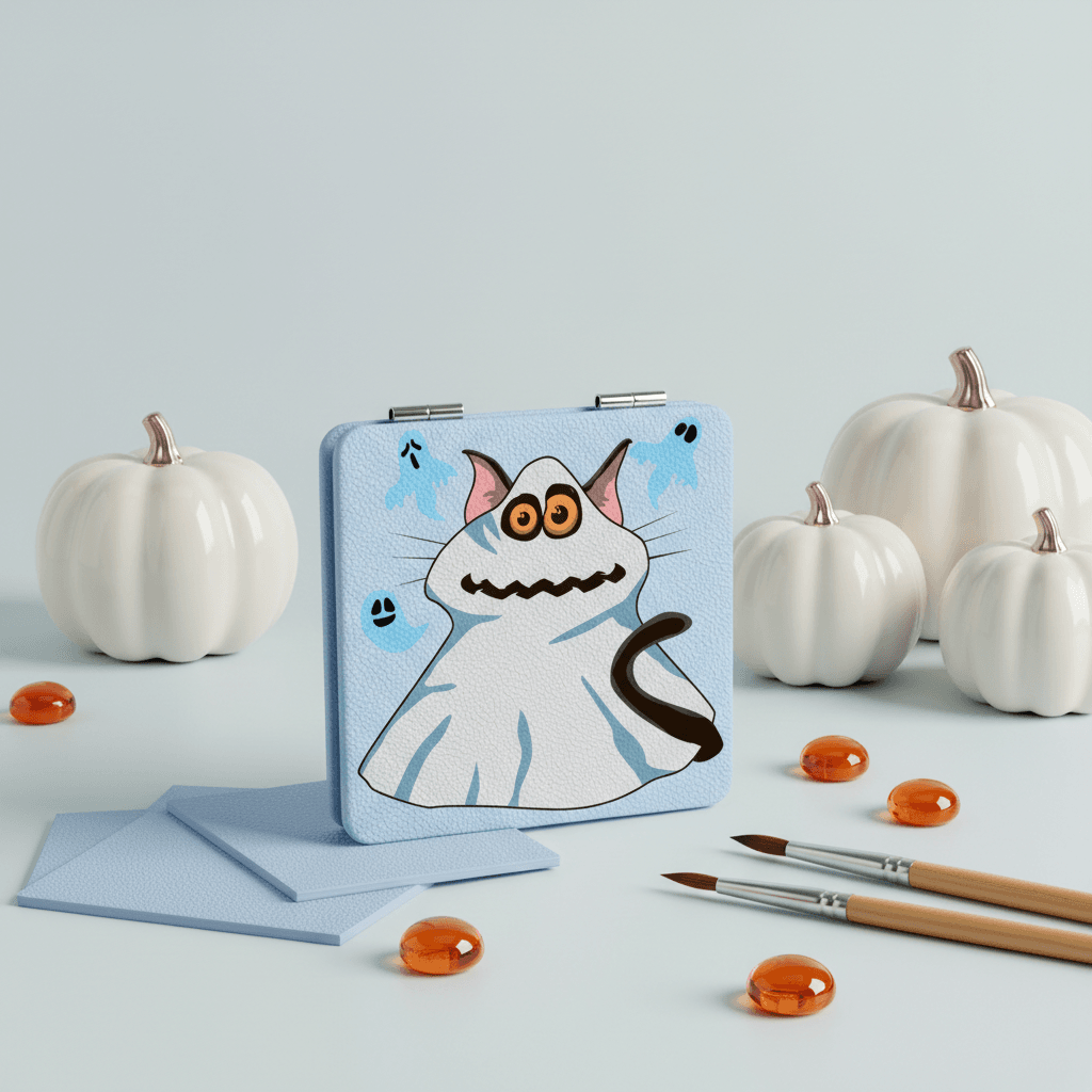 Ghost Cat Portable Pocket Makeup Mirror - Halloween Gift for Cat Lovers - 1