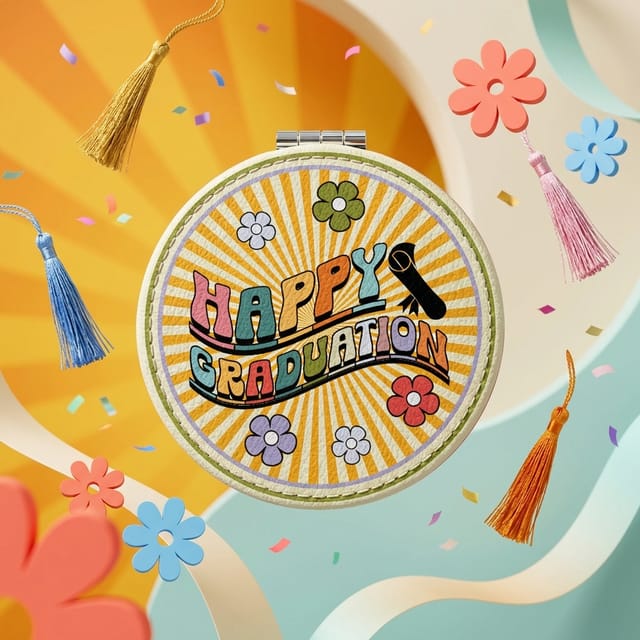 Retro Happy Graduation Round Portable Pocket Makeup Mirror Ideal Graduation Gift for Her