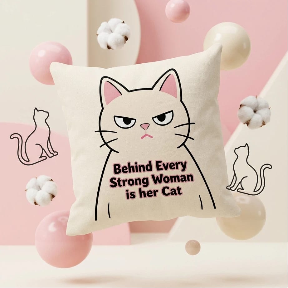 'Behind Every Strong Woman Is Her Cat' Double-Sided Pillow - Gift for Cat Lovers & Strong Women - 1