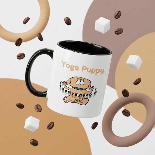 Yoga Puppy Accent Mug - 11oz Black & White Coffee Cup, Gift for Yoga & Dog Lovers