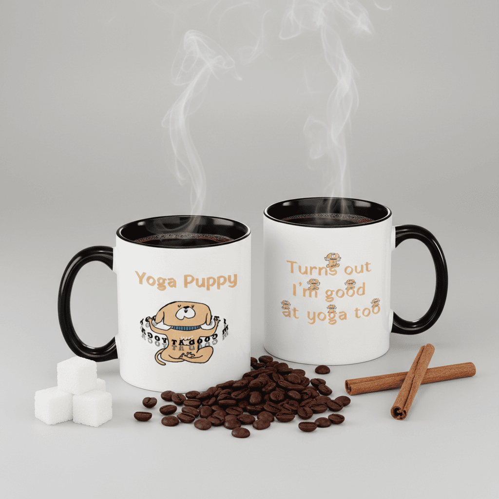 Yoga Puppy Accent Mug - 11oz Black & White Coffee Cup, Gift for Yoga & Dog Lovers - 1